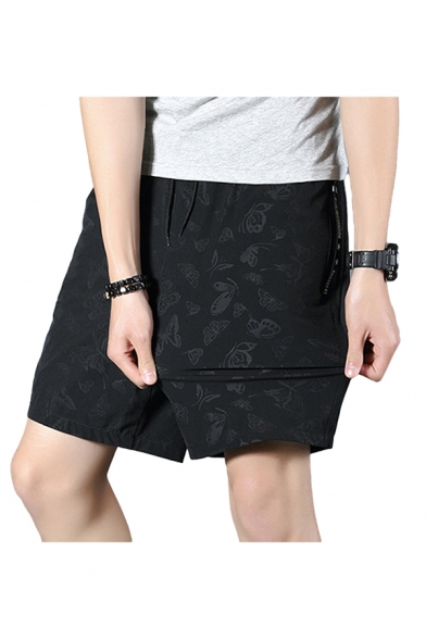 Unique Mens Shorts All over Butterfly Printed Pocket Drawstring Mid Rise Fitted Shorts