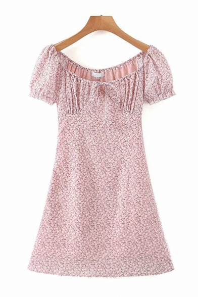 Womens Fashionable Ditsy Floral Printed Cap Sleeve Round Neck Ruffled Tied Mini A-line Dress in Pink