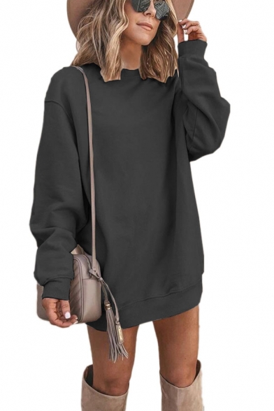 Womens Stylish Solid Color Long Sleeve Crew Neck Mini Shift Sweatshirt Dress