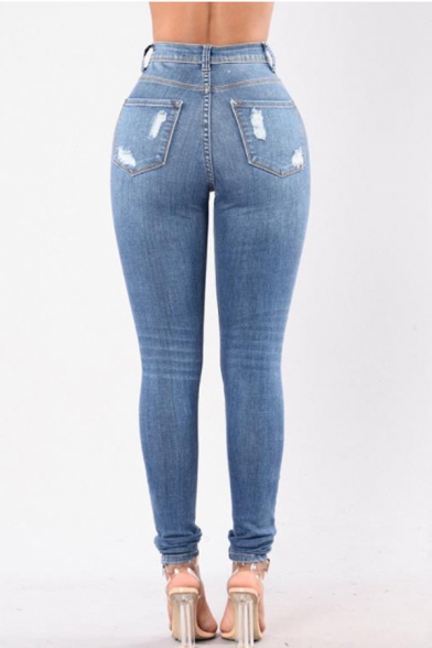 Womens Trendy Light Blue Destroyed Ripped Hole Rolled Cuff Slim Fit Jeans