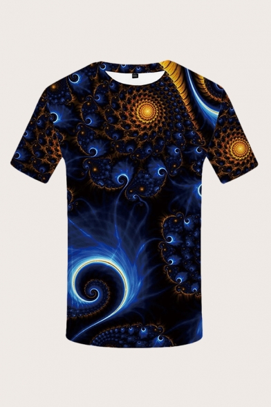 Basic Mens 3D Tee Top Spiral Floral Printed Short Sleeve Slim Fitted Crew Neck Tee Top