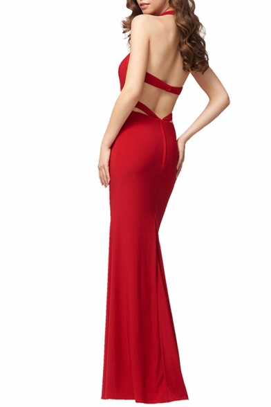 Boutique Solid Color Halter Cut-out Sides Open Back Maxi Fishtail Tank Gown