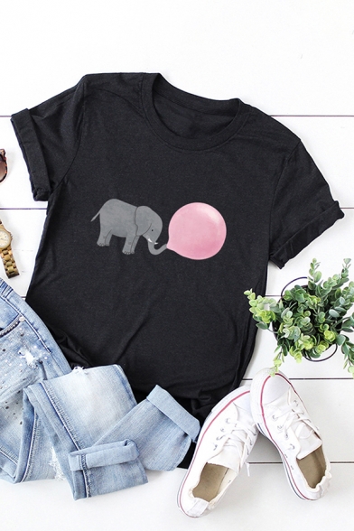 Casual Elephant Printed Rolled Short Sleeve Crew Neck Slim Fit T-shirt for Girls