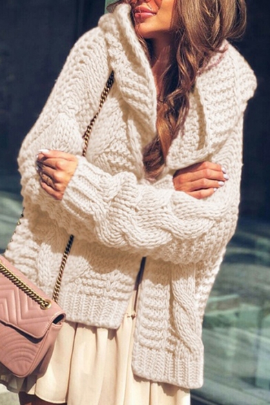 Women Hooded Long Cardigan Cable Knit Open Front Sweaters Solid