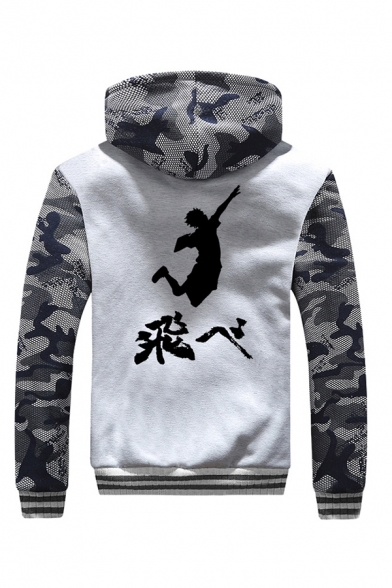 Cool Mens Chinese Letter Cartoon Graphic Contrasted Long Sleeve Zipper Front Sherpa Liner Relaxed Hoodie