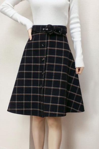 Girls Fancy Plaid Check Printed Belted Waist Mini A-Line Skirt