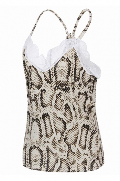 Glamorous Hot Sleeveless Snake Pattern Lace Trim Hollow Out Back Relaxed Fitted Cami Top in White