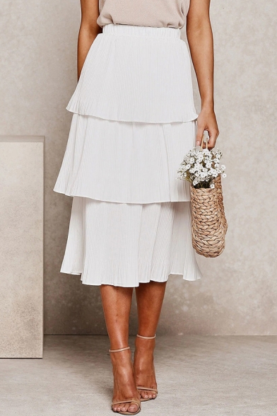 

Glamorous Womens Solid Color Pleated Midi A-Line Tiered Skirt with Belt, Green;pink;white, LM660844