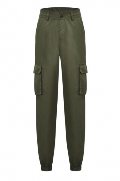 Hip Hop Style Army Green Chain Embellished Relaxed Fit Cargo Pants with Pockets