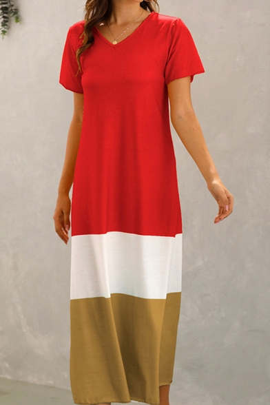 Holiday Womens Colorblock Short Sleeve V-neck Long A-line T Shirt Dress