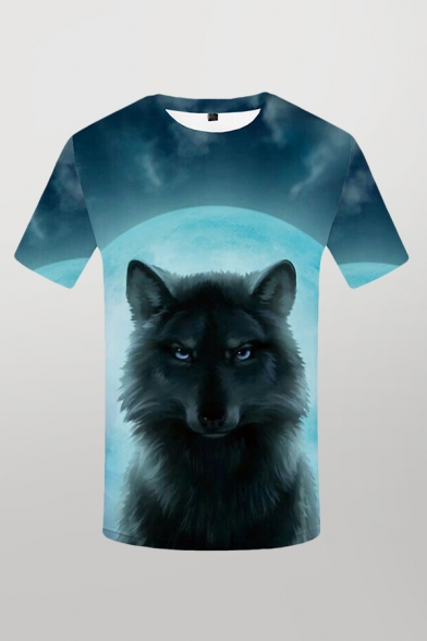 Mens 3D T-Shirt Simple Wolf Moon Pattern Crew Neck Short Sleeve Slim Fitted T-Shirt