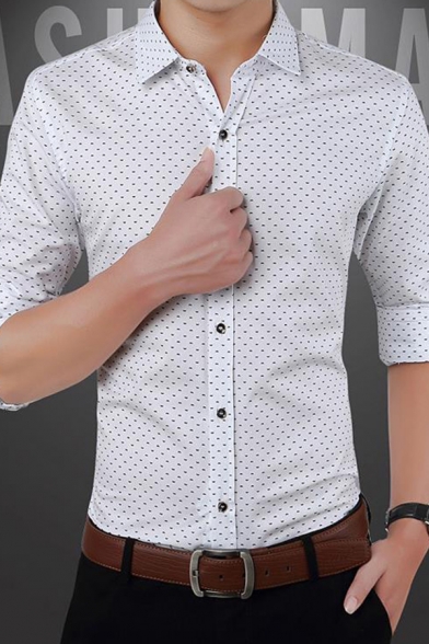Mens New Stylish Classic Polka Dot Print Long Sleeve Slim Fitted Formal Shirt