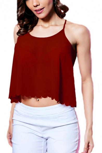 Party Girls Solid Color Spaghetti Straps Scalloped Relaxed Fit Crop Cami Top