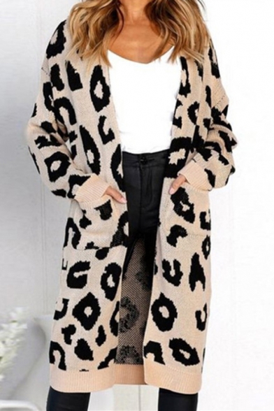 Pop Womens Leopard Printed Open Front Pocket Long Sleeve Relaxed  Longline Knitted Cardigan Sweater Coat