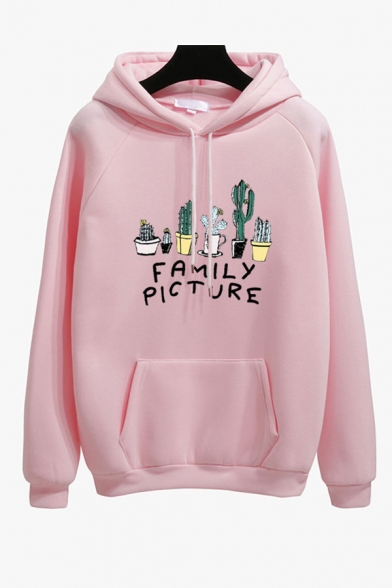 Popular Letter Family Picture Cactus Graphic Kangaroo Pocket Long Sleeve Drawstring Relaxed Hoodie