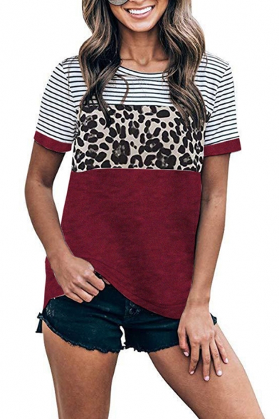 Popular Striped Leopard Print Color Block Round Neck Short Sleeve Regular Fit T-Shirt for Women