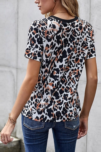 Popular Womens Leopard Printed Crew Neck Short Sleeve Regular Fitted T-Shirt