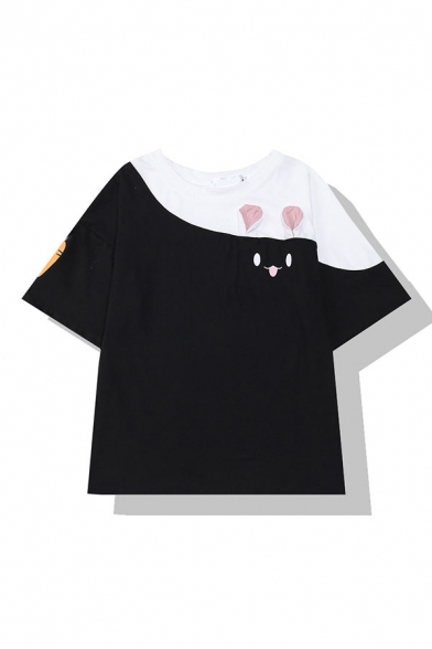 Preepy Look Girls Color Block Carrot Print Cartoon Bunny Face Patched Crew Neck Half Sleeve Relaxed Fit Tee Top