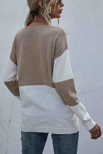 Pretty Womens Colorblock Long Sleeve Round Neck Knit Loose Fit Pullover Sweater in Apricot