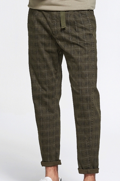 Retro Mens Lounge Pants Plaid Pattern Roll-up Zipper Fly Cuffed Full Length Tapered Fit Lounge Pants