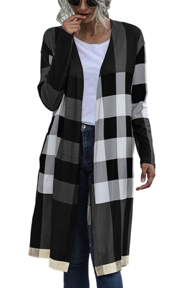 Retro Womens Plaid Printed Long Sleeve Open Front Knee Length Cardigan Coat