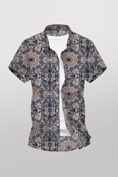 Stylish Mens Shirt All over Floral Pattern Button down Short Sleeve Point Collar Regular Fit Shirt