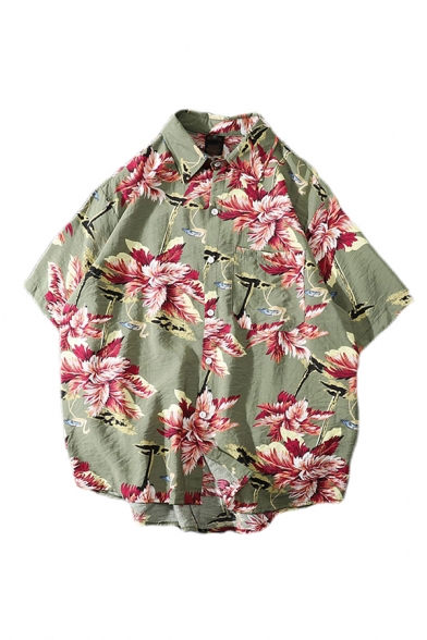 Stylish Shirt Floral Branch Printed Chest Pocket Button up Curved Hem Relaxed Fit Half Sleeve Spread Collar Shirt for Men
