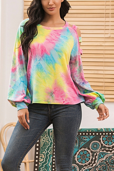 Stylish Tie Dye Crew Neck Cutout Bishop Long Sleeve Relaxed  Pullover Sweatshirt
