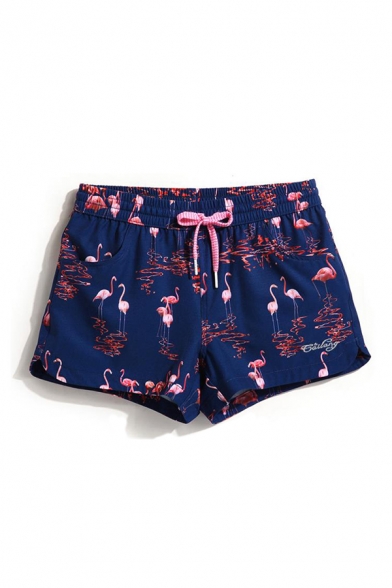 Summer Womens Fashion Allover Flamingo Print Drawcord-Waist Contrast Trim Blue Casual Dolphin Shorts