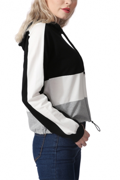 Trendy Colorblock Drawstring Hem Long Sleeve Casual Loose Black Short Hoodie