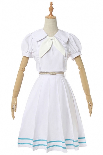 Trendy White Short Sleeve Sailor Collar Tied Striped Mid Pleated A-line Dress Co-ords with Socks and Headband