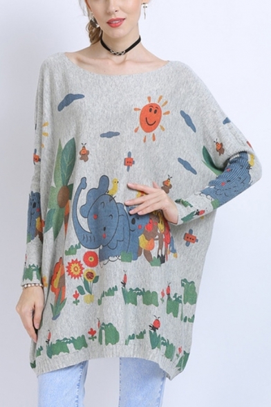 Trendy Womens Cartoon Elephant Sun Printed Boat Neck Batwing Long Sleeve Relaxed Fit Tunic Pullover Knitwear Top