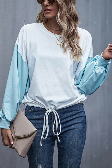 Trendy Womens Color Block Drawstring Hem Crew Neck Bishop Long Sleeve Relaxed Fit Tee Top in White