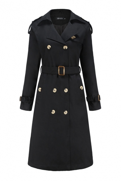 Trendy Womens Solid Color Long Sleeve Lapel Neck Double Breasted Tied Waist Long A-line Trench Coat