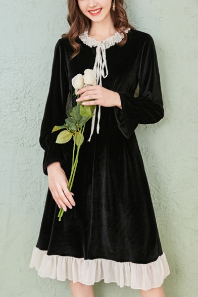 Andery Hepburn Velvet Stringy Selvedge Long Sleeve Tied Crew Neck Short Sleeve A-line Dress in Black
