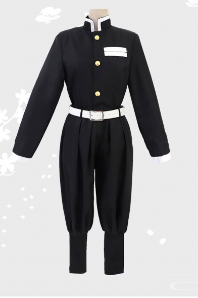 Anime Cosplay Contrasted Long Sleeve Stand Collar Button up Striped Regular Jacket & Cuffed Relaxed Pants Set with Belt