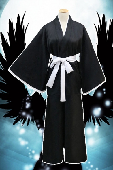 Anime Cosplay Long Sleeve Surplice Neck Bow Tied Waist Maxi Loose Fit Kimono in Black