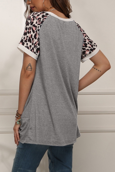 Casual Leopard Print Patchwork Twist Front Contrast Trim Round Neck Short Sleeve T-Shirt for Women