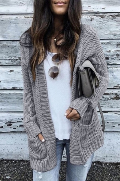 Casual Womens Solid Color Open Front Two-Pocket Long Sleeve Loose  Tunic Knit Cardigan Sweater Coat
