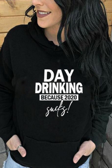 Chic Girls Letter Day Drinking Printed Long Sleeve Drawstring Pouch Pocket Relaxed Hoodie