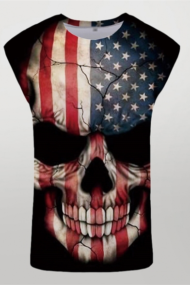 Chic Mens 3D Tank Top Skull American Flag Star Stripe Pattern Regular Fit Sleeveless Crew Neck Tank Top
