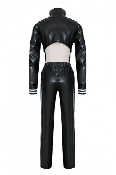 Cool Black Leather Contrasted Long Sleeve Stand Collar Zip Up Regular Crop Asymmetric Jacket & Straight Long Pants Set
