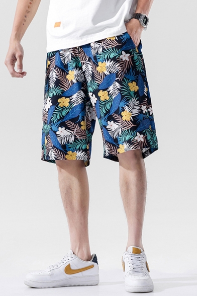 Dressy Mens Shorts Floral Leaf Pattern Pocket Drawstring Mid Rise Relaxed Fitted Shorts