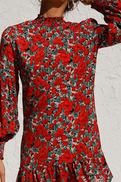 Fashion Womens Allover Flower Printed Blouson Sleeve Mock Neck Ruffle Trim Short Shift Dress in Red