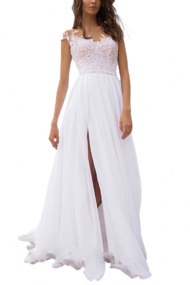 Glamorous Ladies Applique Sheer Mesh Round Neck High Slit Maxi Flowy Dressing Gown in White