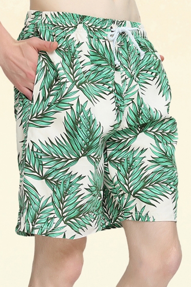 Holiday Mens Shorts All over Leaf Printed Pocket Drawstring Mid Rise Fitted Shorts