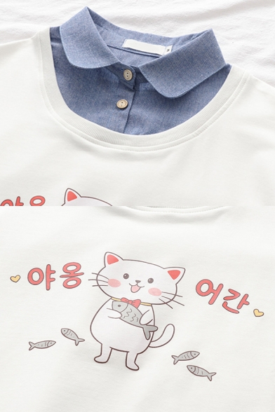 Leisure Girls Korean Letter Cat Graphic Polo Collar Patchwork Long Sleeve Loose Pullover Sweatshirt