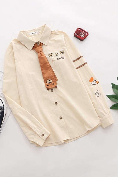 Lovely Letter My Family Cartoon Bear Embroidery Striped Long Sleeve Point Collar Button up Loose Khaki Shirt with Tie