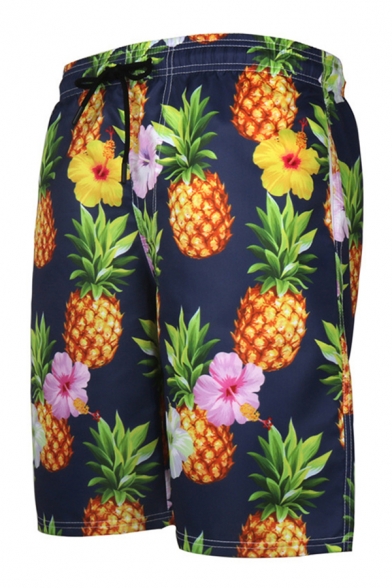 Mens Fashionable Shorts Floral Pineapple 3D Print Drawstring Straight Fitted Knee Length Relaxed Shorts with Pockets