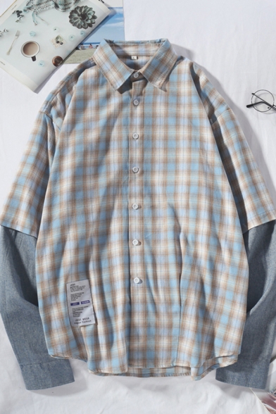 Mens Shirt Unique Plaid Pattern Curved Hem False Two Pieces Button up Spread Collar Long Sleeve Relaxed Fit Shirt
